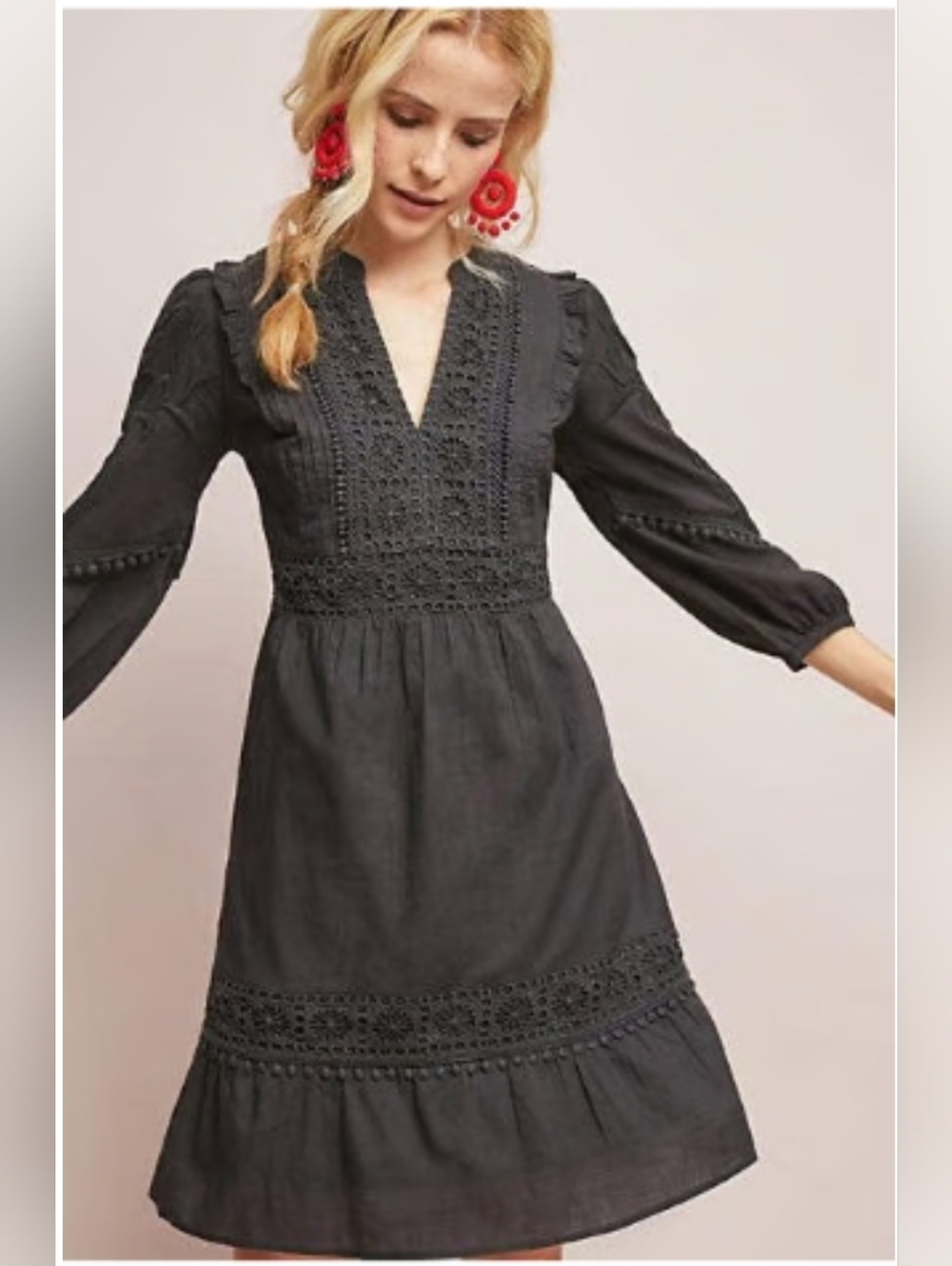 Anthropologie Akemi + Kin• Black Josephine•Embroidered Eyelet Lace Midi Dress